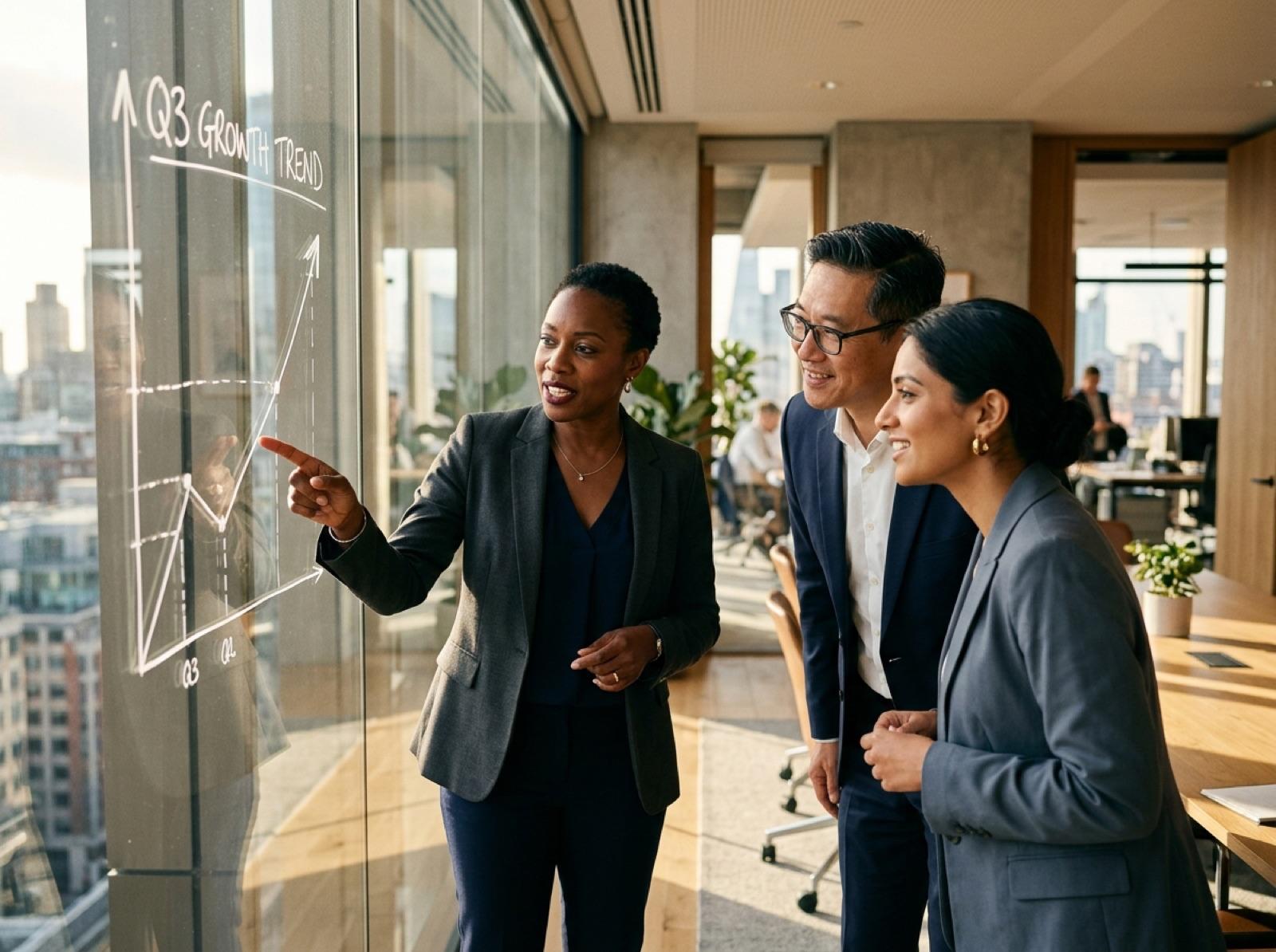 Founder reviewing a growth chart with advisors