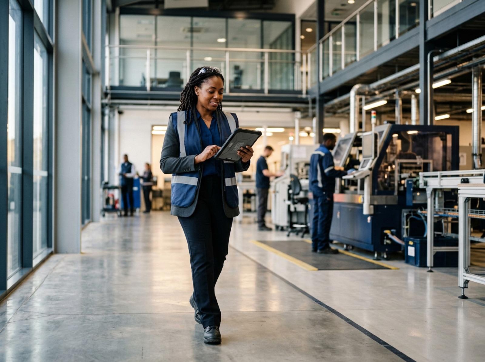 Operations manager walking a modern manufacturing floor