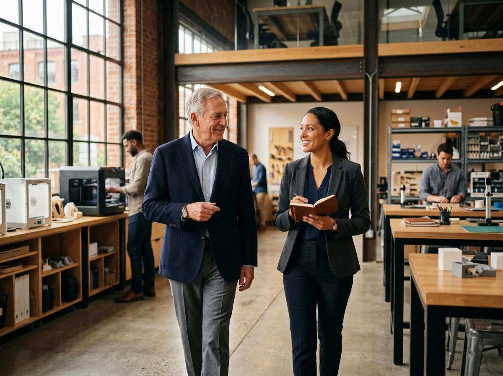 Founder and successor walking through their company together