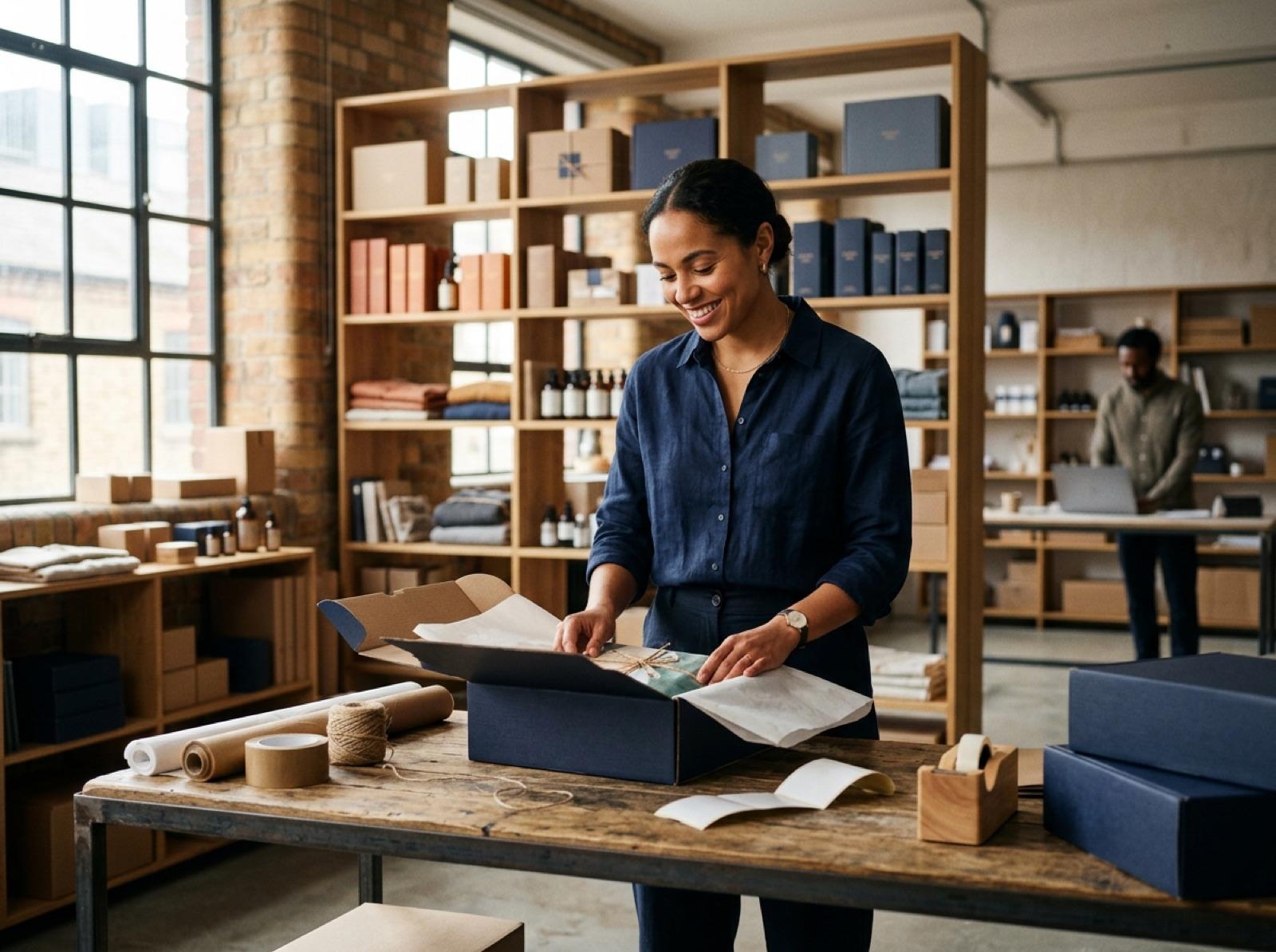 E-commerce founder packing orders in a studio warehouse