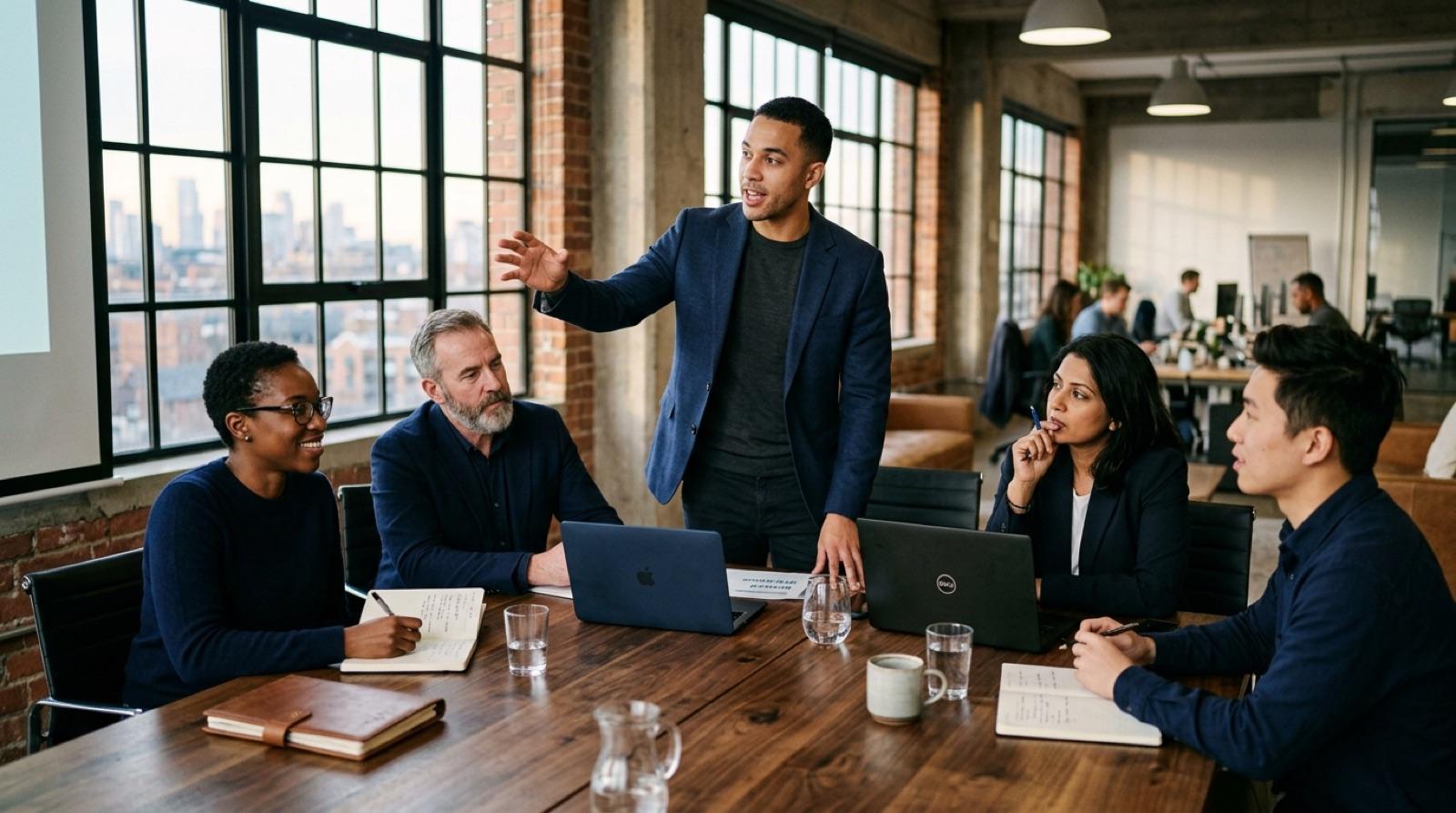 Founder presenting growth plans to advisors around a table