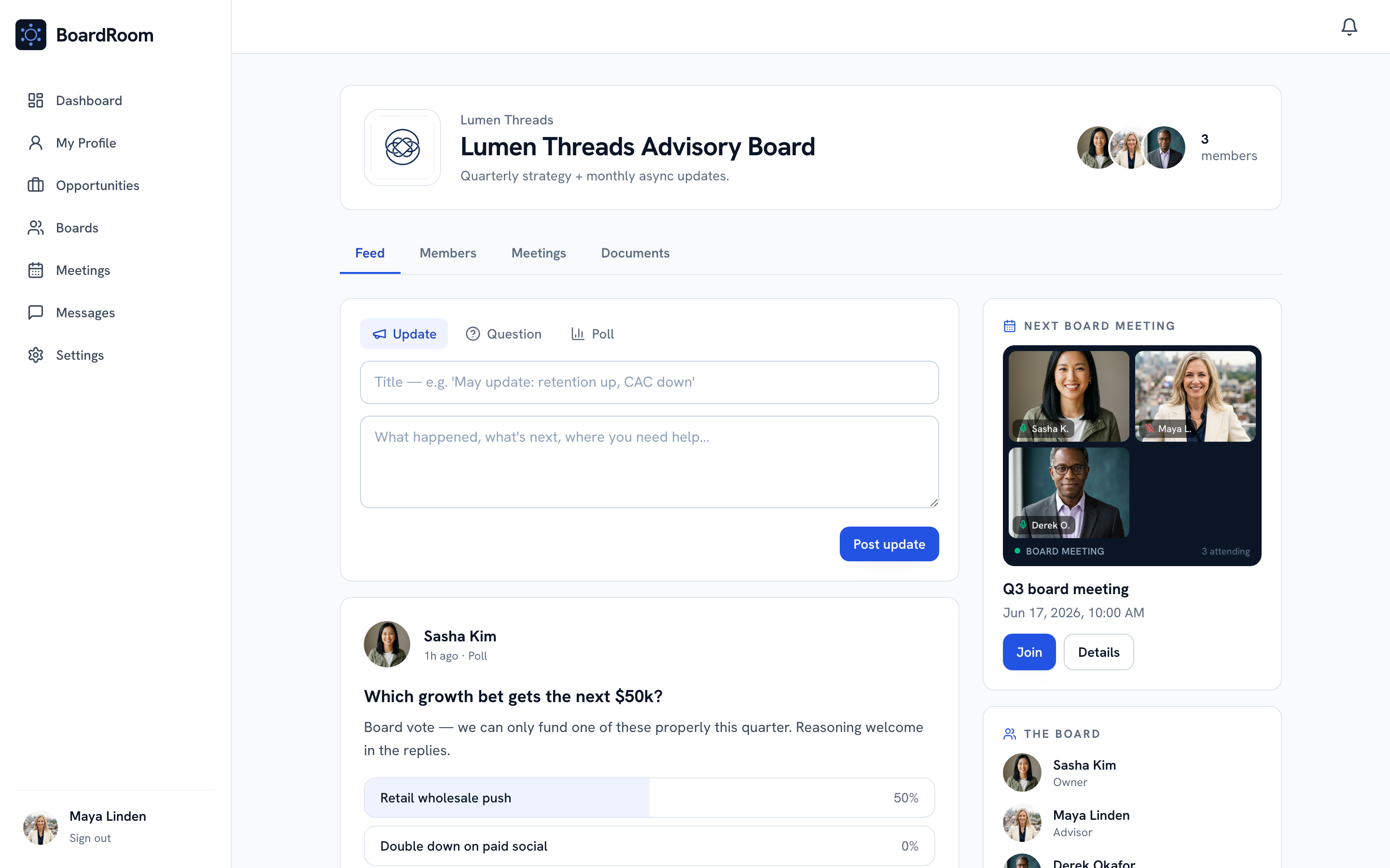 A private digital boardroom: updates, a live poll, and the board roster