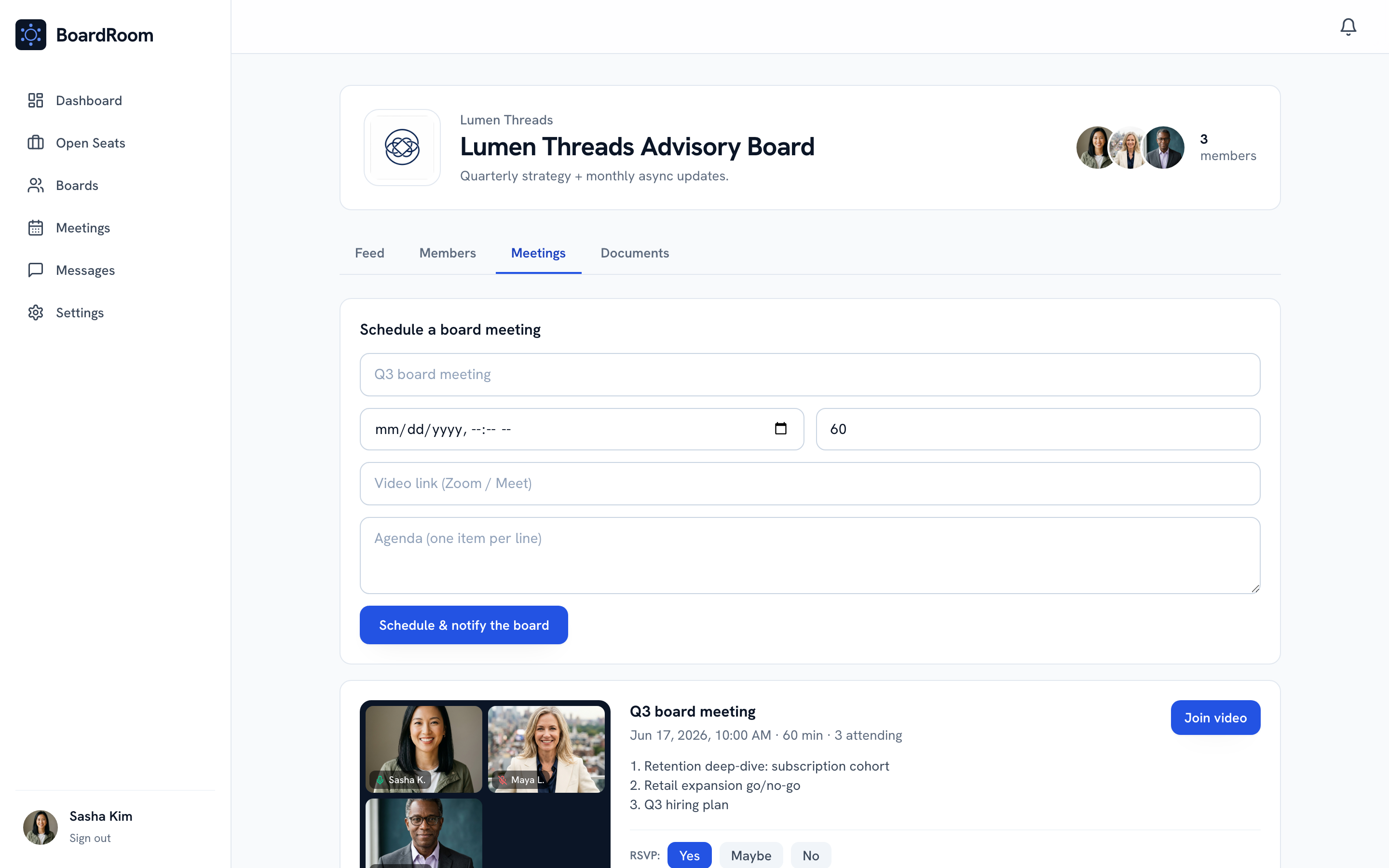 Board meeting scheduling with attendee tiles, agenda, and RSVPs