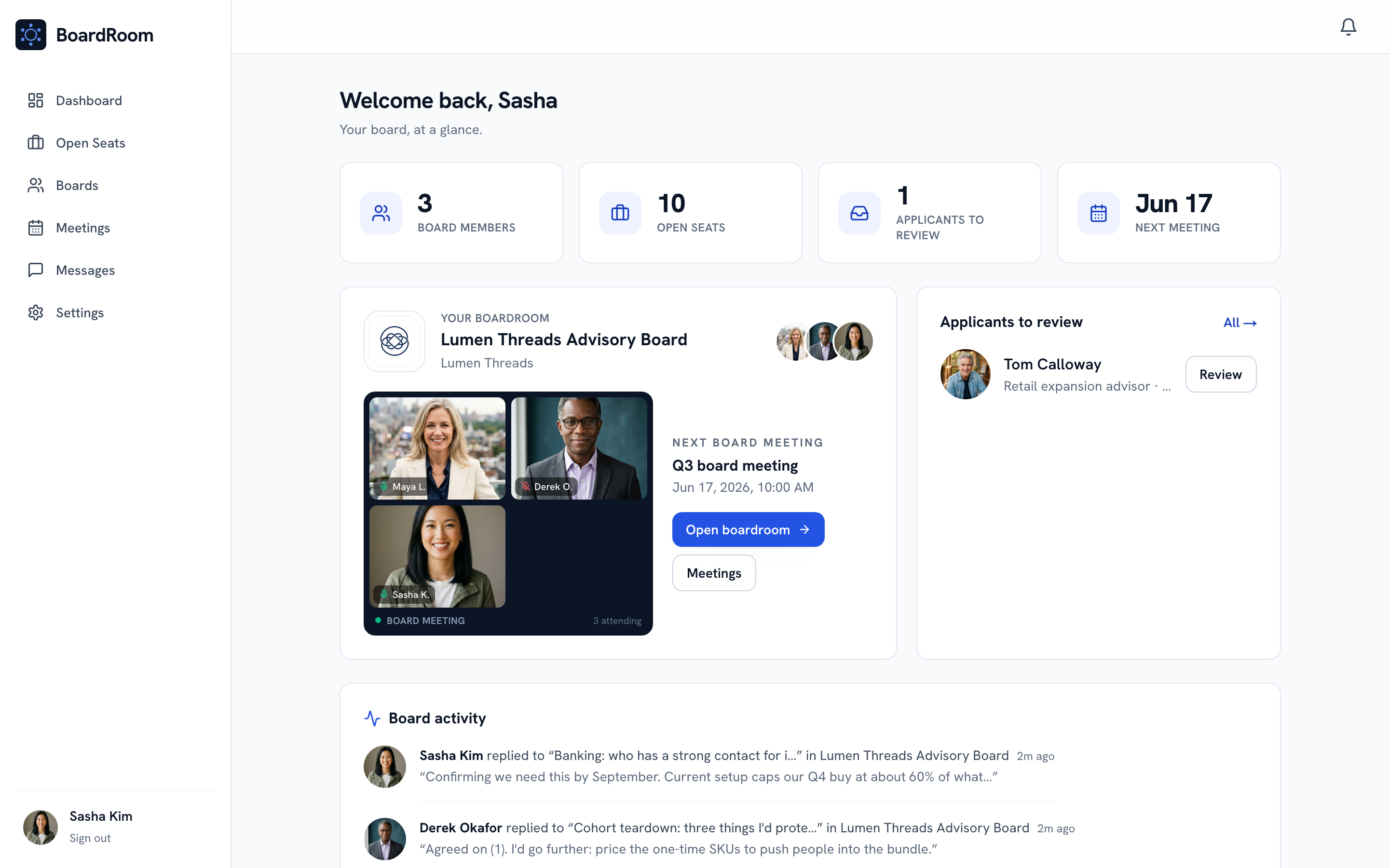 The company dashboard: board members, open seats, applicants to review, and the next board meeting