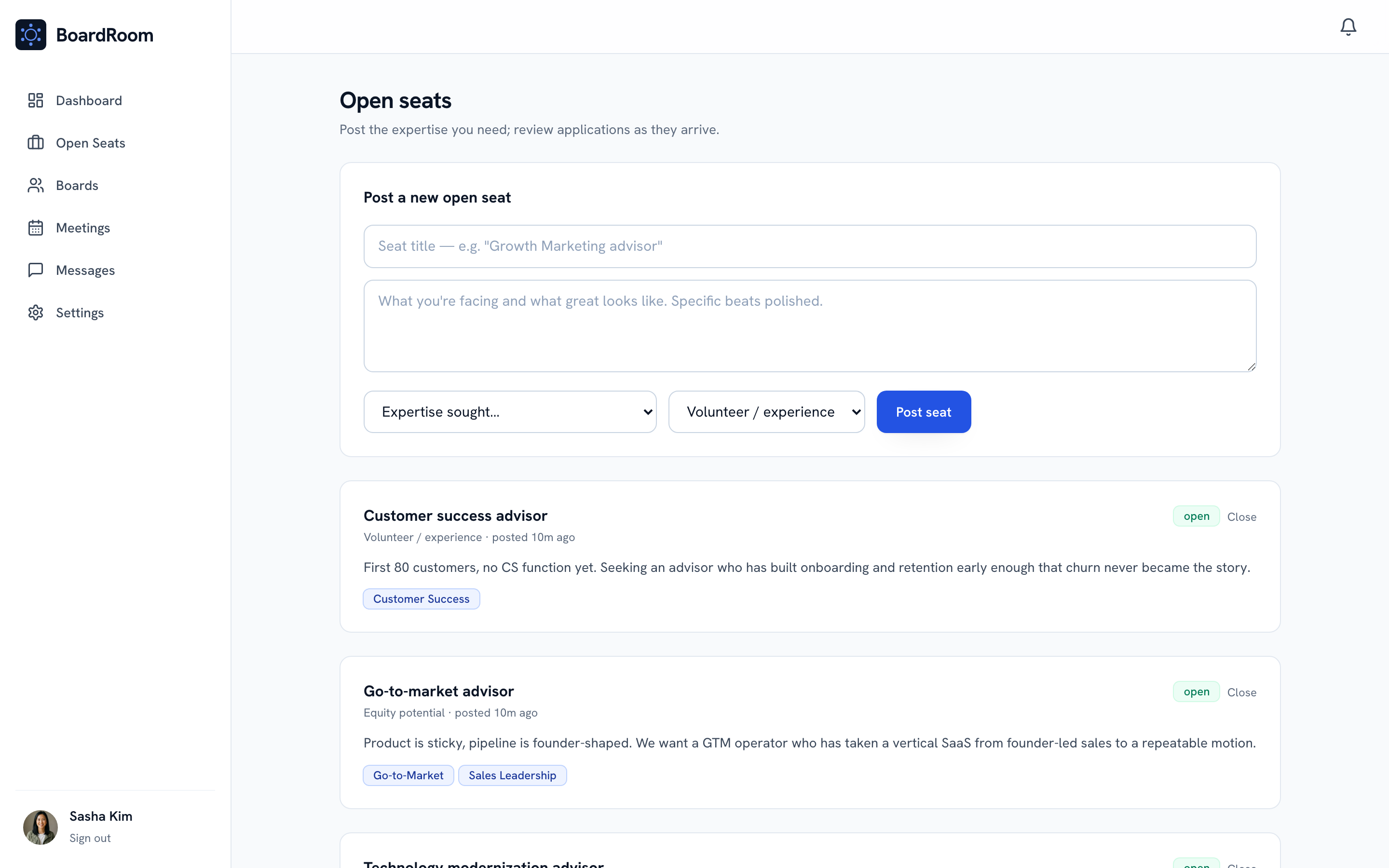Posting an open board seat and reviewing an advisor application
